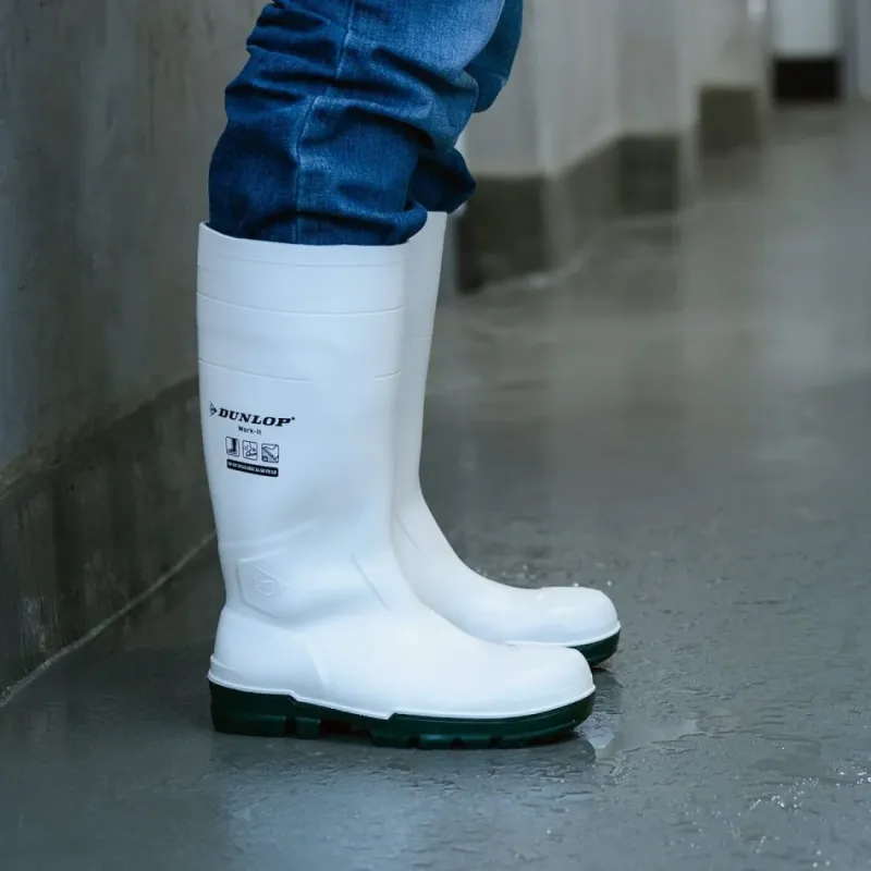 Dunlop WORK-IT S4 SR FO LG Cizme de protecție albe, impermeabile, cu bombeu din oțel